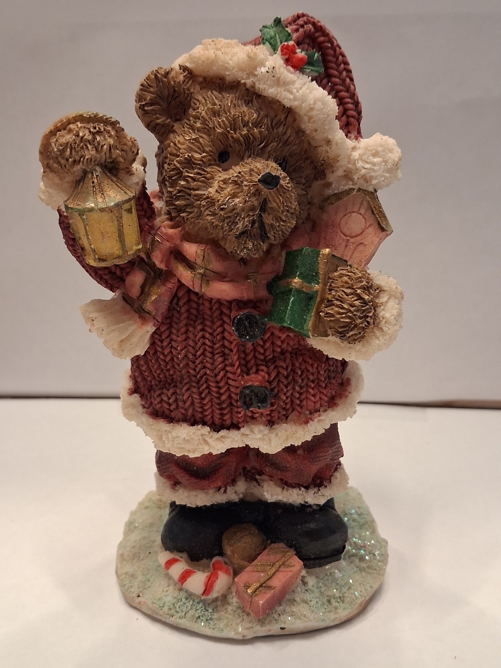 Holiday Bear Figurine in Red Knit Coat - Festive Home Holiday Decor (Vintage)
